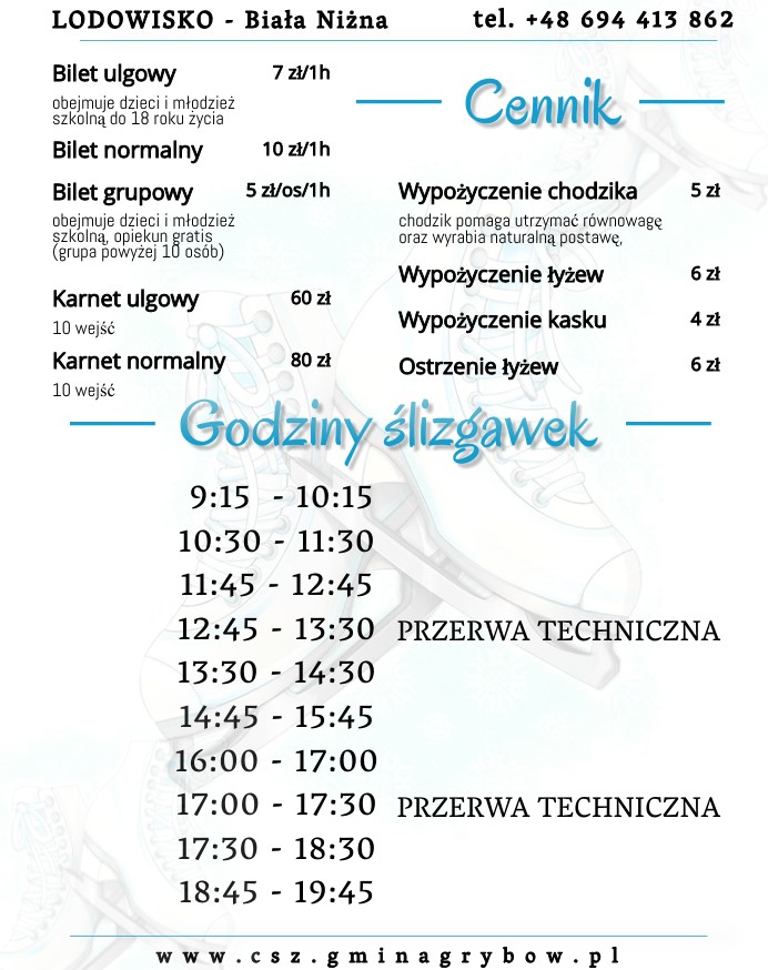 Cennik korzystania z lodowiska